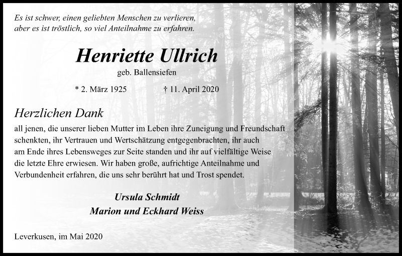  Traueranzeige für Henriette Ullrich vom 09.05.2020 aus Kölner Stadt-Anzeiger / Kölnische Rundschau / Express
