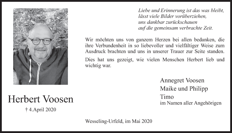  Traueranzeige für Herbert Voosen vom 22.05.2020 aus  Schlossbote/Werbekurier 