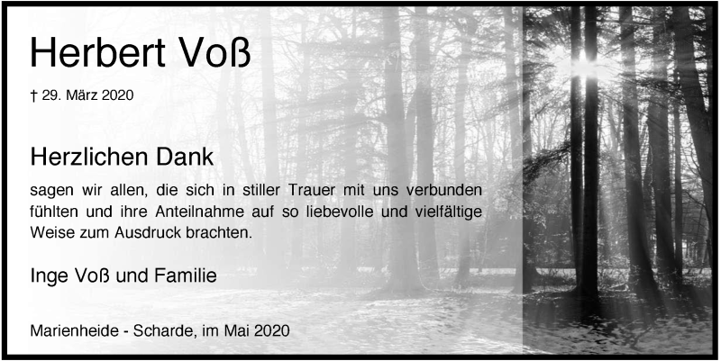  Traueranzeige für Herbert Voß vom 15.05.2020 aus  Anzeigen Echo 