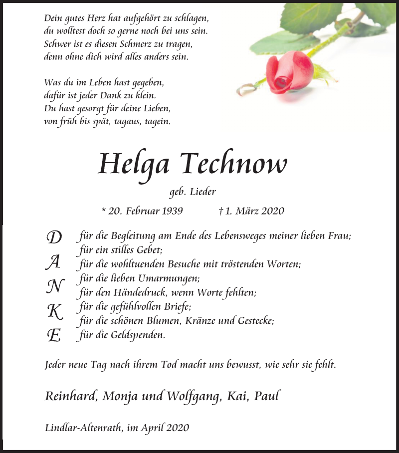  Traueranzeige für Herga Technow vom 02.05.2020 aus Kölner Stadt-Anzeiger / Kölnische Rundschau / Express