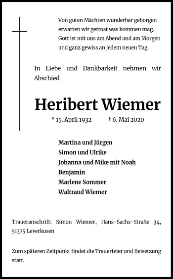 Anzeige von Heribert Wiemer von Kölner Stadt-Anzeiger / Kölnische Rundschau / Express