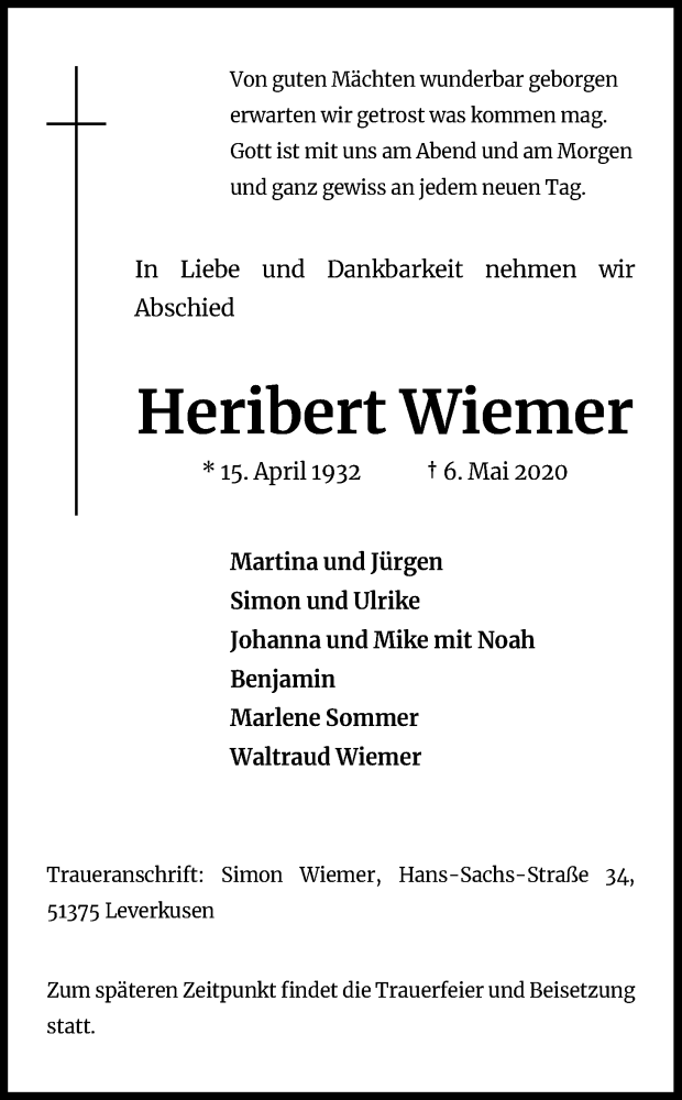  Traueranzeige für Heribert Wiemer vom 09.05.2020 aus Kölner Stadt-Anzeiger / Kölnische Rundschau / Express