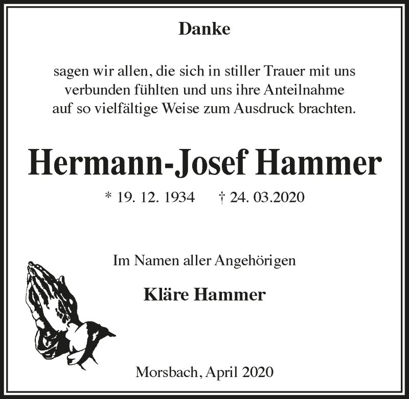  Traueranzeige für Hermann-Josef Hammer vom 08.05.2020 aus  Lokalanzeiger 