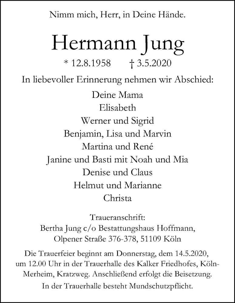  Traueranzeige für Hermann Jung vom 09.05.2020 aus Kölner Stadt-Anzeiger / Kölnische Rundschau / Express