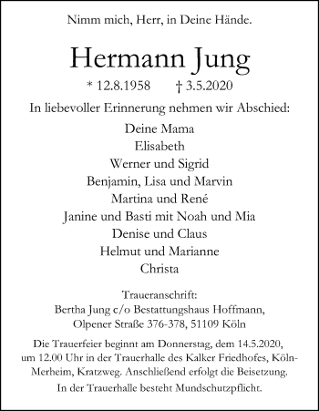 Anzeige von Hermann Jung von Kölner Stadt-Anzeiger / Kölnische Rundschau / Express