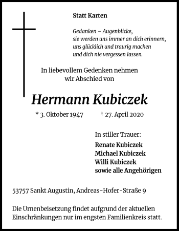 Anzeige von Hermann Kubiczek von Kölner Stadt-Anzeiger / Kölnische Rundschau / Express