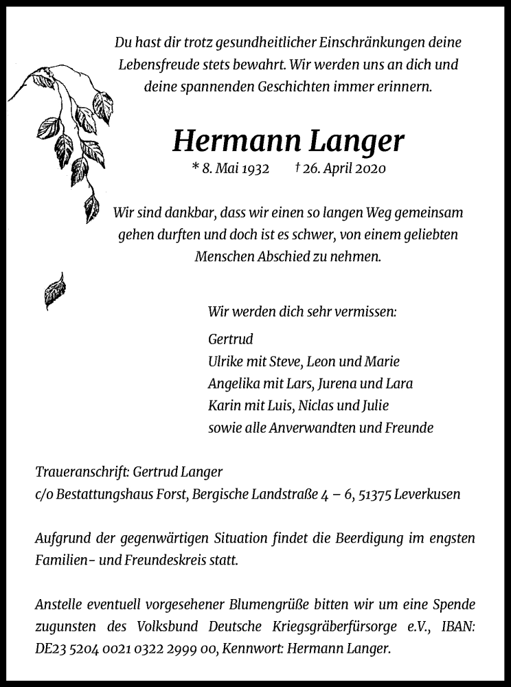  Traueranzeige für Hermann Langer vom 02.05.2020 aus Kölner Stadt-Anzeiger / Kölnische Rundschau / Express