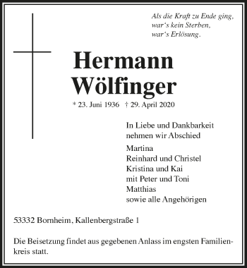 Anzeige von Hermann Wölfinger von  Schaufenster/Blickpunkt 