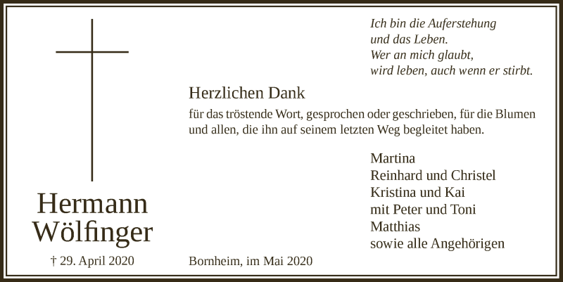  Traueranzeige für Hermann Wölfinger vom 22.05.2020 aus  Schaufenster/Blickpunkt 