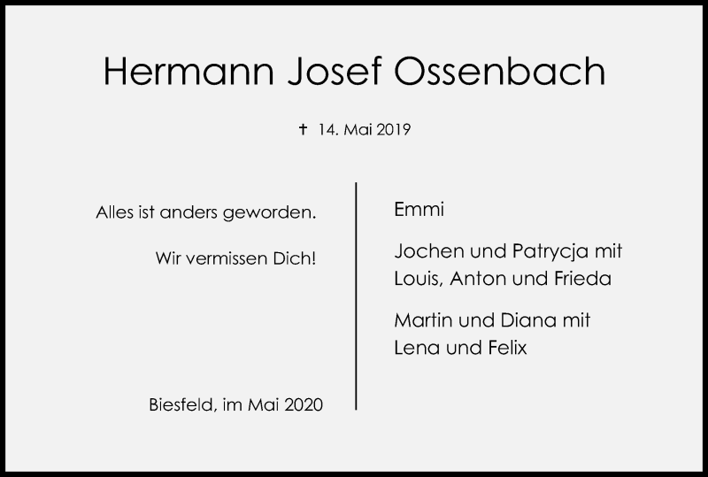  Traueranzeige für Hermann Josef Ossenbach vom 14.05.2020 aus Kölner Stadt-Anzeiger / Kölnische Rundschau / Express