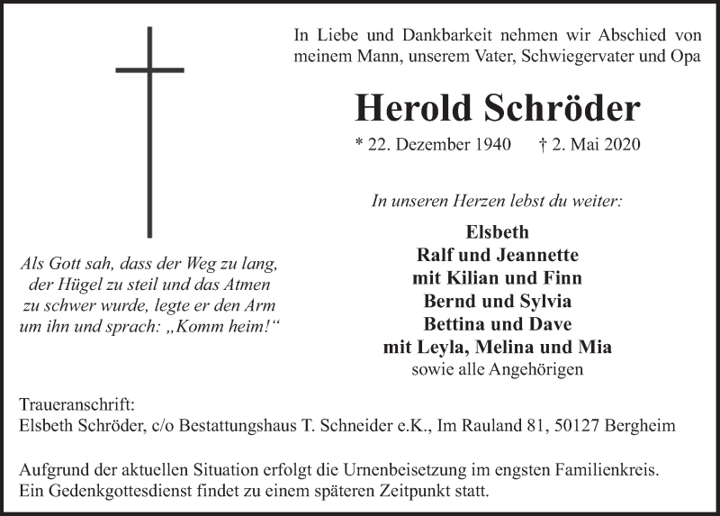  Traueranzeige für Herold Schröder vom 08.05.2020 aus  Werbepost 