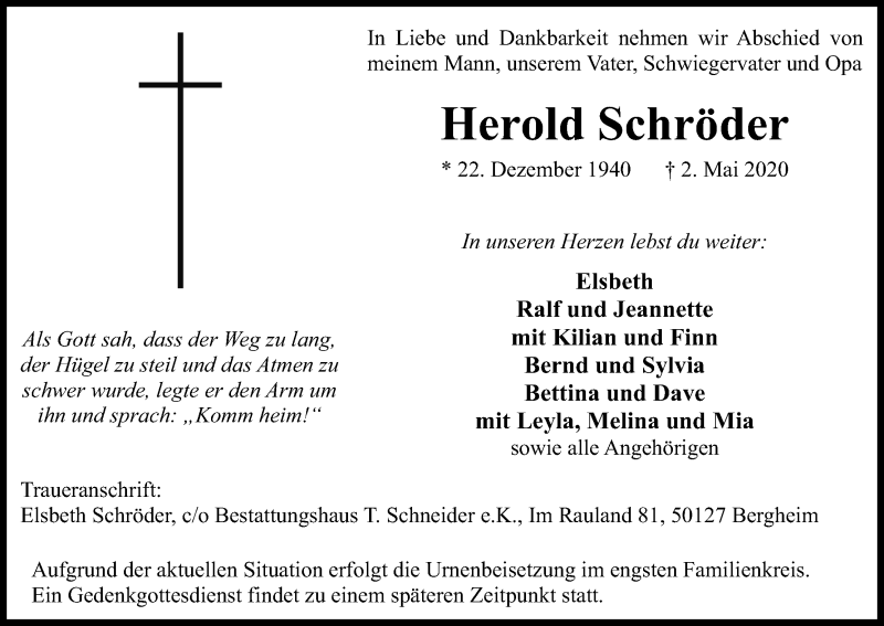  Traueranzeige für Herold Schröder vom 09.05.2020 aus Kölner Stadt-Anzeiger / Kölnische Rundschau / Express