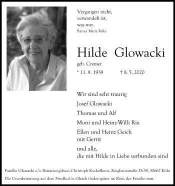 Anzeige von Hilde Glowacki von Kölner Stadt-Anzeiger / Kölnische Rundschau / Express