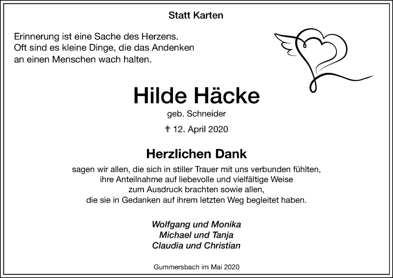  Traueranzeige für Hilde Häcke vom 30.05.2020 aus Kölner Stadt-Anzeiger / Kölnische Rundschau / Express