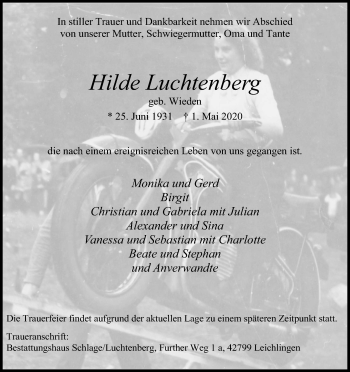 Anzeige von Hilde Luchtenberg von Kölner Stadt-Anzeiger / Kölnische Rundschau / Express