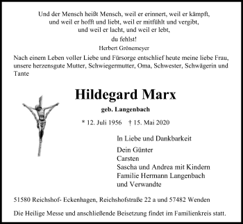 Anzeige von Hildegard Marx von Kölner Stadt-Anzeiger / Kölnische Rundschau / Express