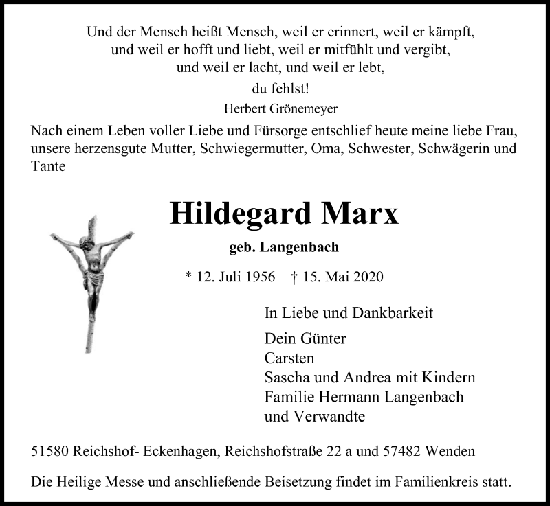  Traueranzeige für Hildegard Marx vom 19.05.2020 aus Kölner Stadt-Anzeiger / Kölnische Rundschau / Express