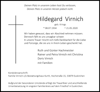 Anzeige von Hildegard Virnich von Kölner Stadt-Anzeiger / Kölnische Rundschau / Express