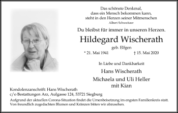 Anzeige von Hildegard Wischerath von Kölner Stadt-Anzeiger / Kölnische Rundschau / Express