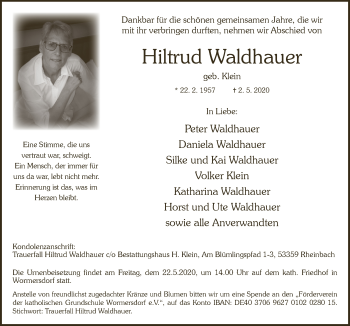 Anzeige von Hiltrud Waldhauer von  Schaufenster/Blickpunkt 