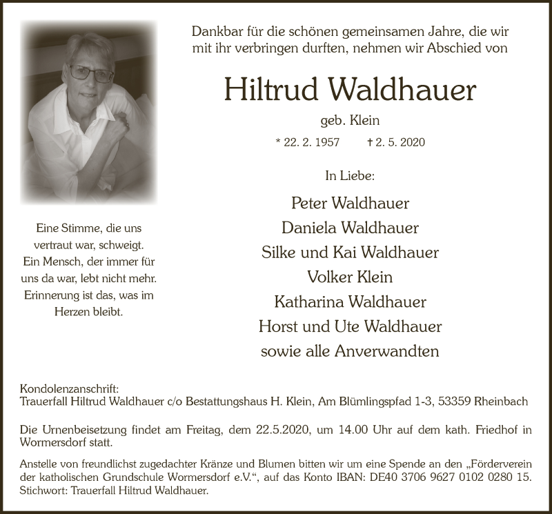  Traueranzeige für Hiltrud Waldhauer vom 15.05.2020 aus  Schaufenster/Blickpunkt 