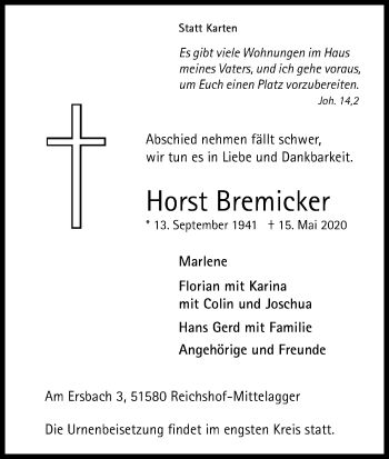 Anzeige von Horst Bremicker von Kölner Stadt-Anzeiger / Kölnische Rundschau / Express