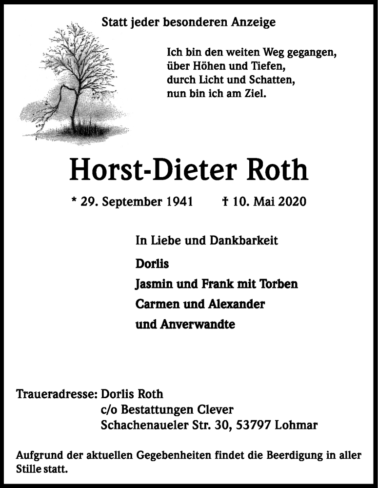  Traueranzeige für Horst-Dieter Roth vom 16.05.2020 aus Kölner Stadt-Anzeiger / Kölnische Rundschau / Express