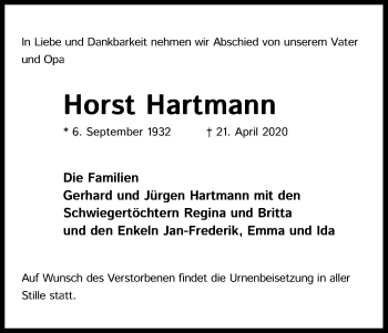 Anzeige von Horst Hartmann von Kölner Stadt-Anzeiger / Kölnische Rundschau / Express