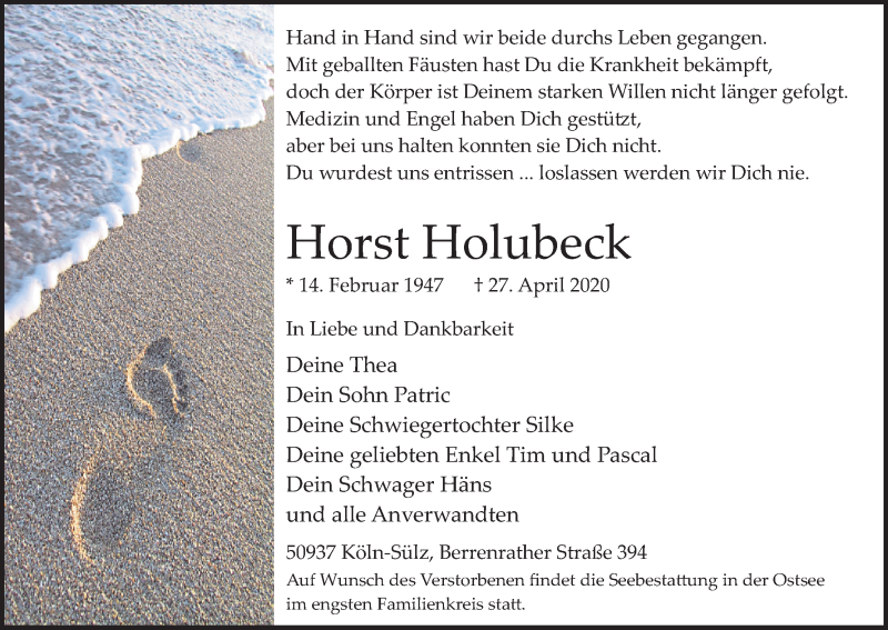  Traueranzeige für Horst Holubeck vom 02.05.2020 aus Kölner Stadt-Anzeiger / Kölnische Rundschau / Express