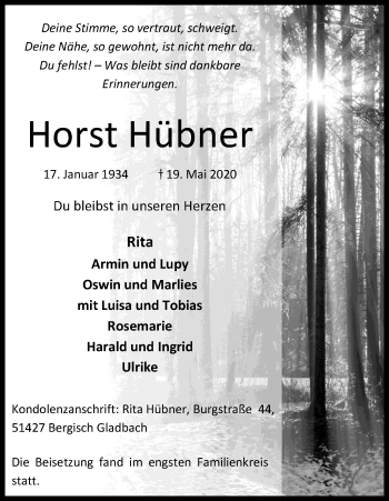 Anzeige von Horst Hübner von Kölner Stadt-Anzeiger / Kölnische Rundschau / Express