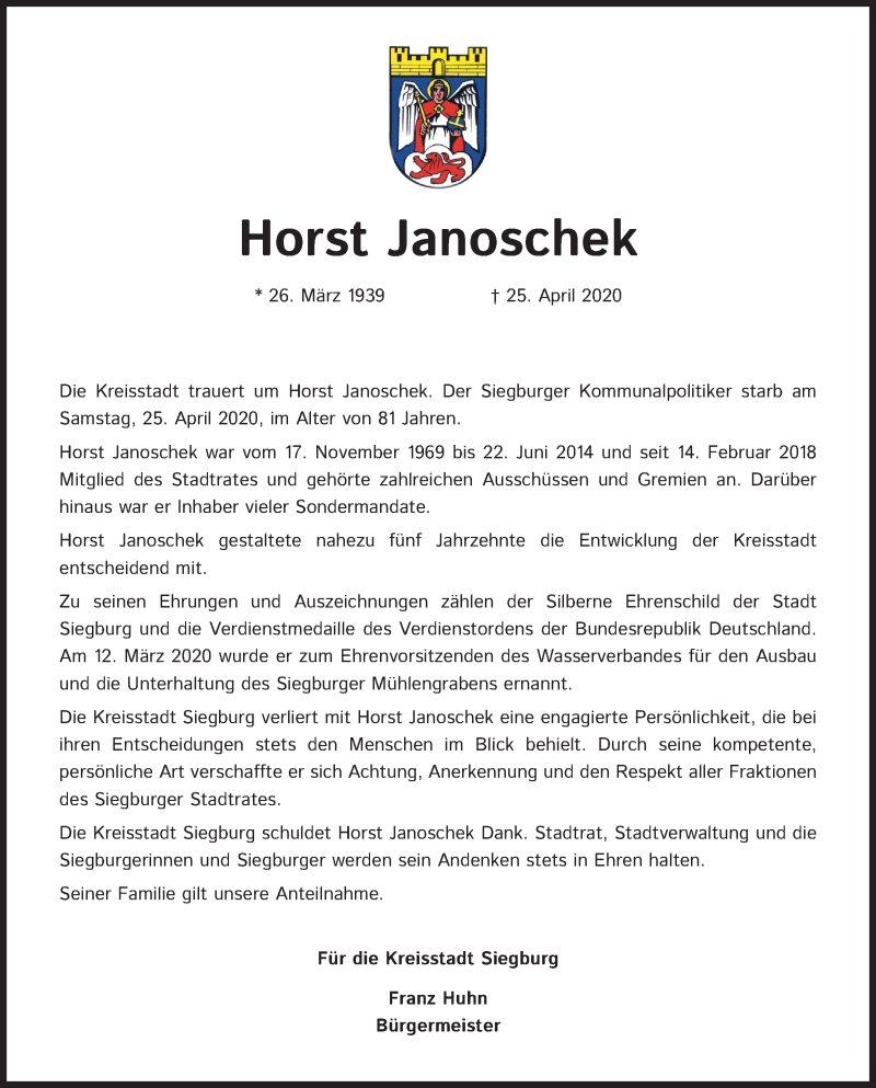  Traueranzeige für Horst Janoschek vom 02.05.2020 aus Kölner Stadt-Anzeiger / Kölnische Rundschau / Express
