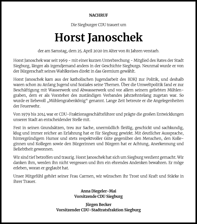  Traueranzeige für Horst Janoschek vom 05.05.2020 aus Kölner Stadt-Anzeiger / Kölnische Rundschau / Express