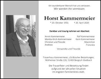 Anzeige von Horst Kammermeier von Kölner Stadt-Anzeiger / Kölnische Rundschau / Express