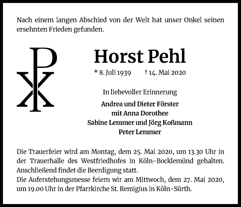  Traueranzeige für Horst Pehl vom 20.05.2020 aus Kölner Stadt-Anzeiger / Kölnische Rundschau / Express