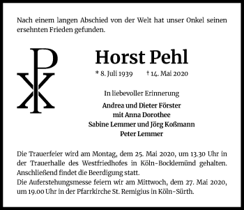 Anzeige von Horst Pehl von Kölner Stadt-Anzeiger / Kölnische Rundschau / Express