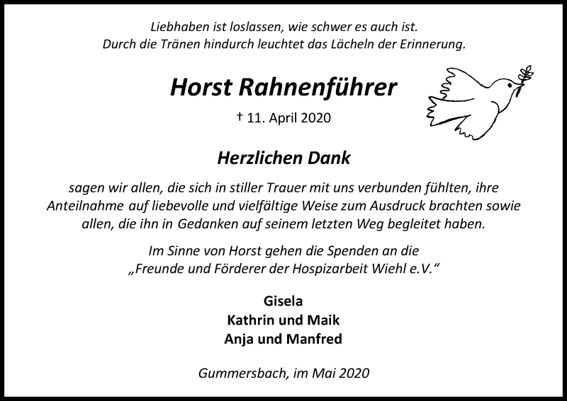  Traueranzeige für Horst Rahnenführer vom 09.05.2020 aus Kölner Stadt-Anzeiger / Kölnische Rundschau / Express