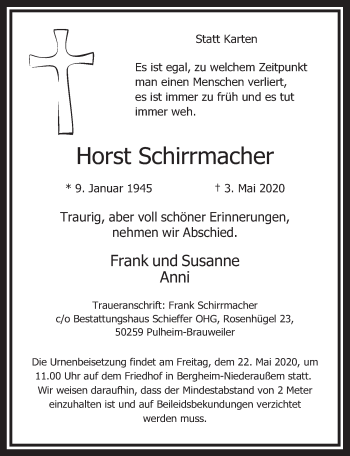 Anzeige von Horst Schirrmacher von  Werbepost 