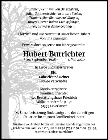 Anzeige von Hubert Burrichter von Kölner Stadt-Anzeiger / Kölnische Rundschau / Express