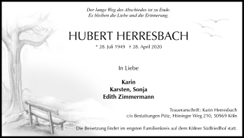 Anzeige von Hubert Herresbach von Kölner Stadt-Anzeiger / Kölnische Rundschau / Express