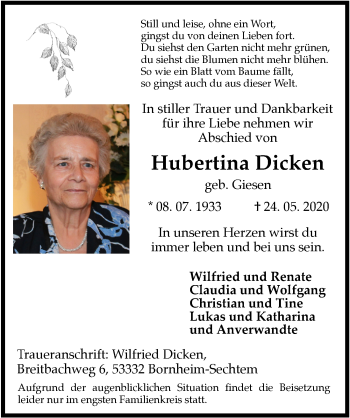 Anzeige von Hubertina Dicken von  Schaufenster/Blickpunkt 