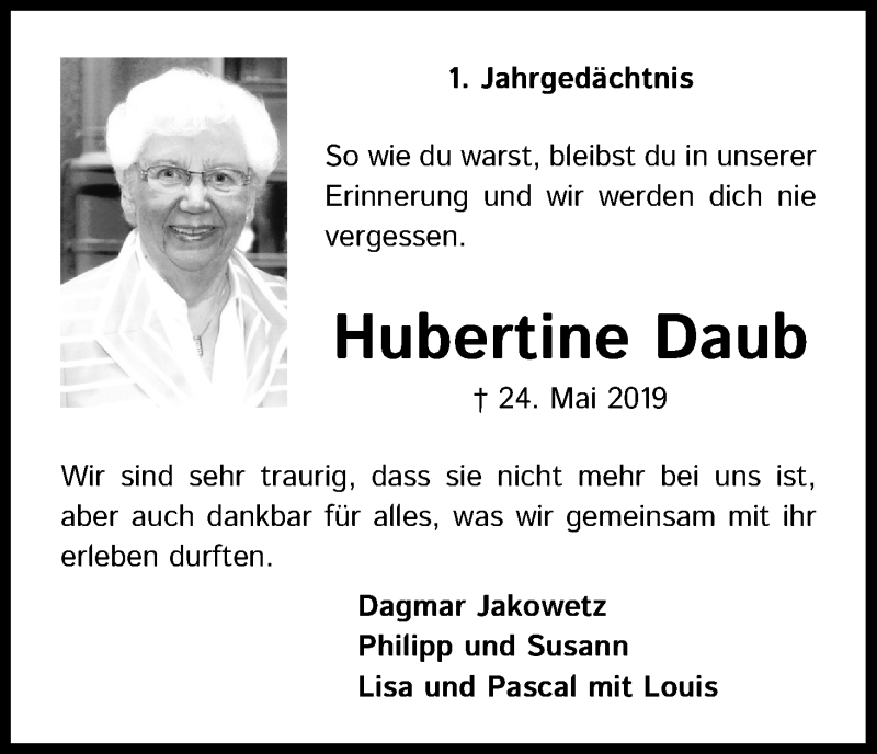  Traueranzeige für Hubertine Daub vom 23.05.2020 aus Kölner Stadt-Anzeiger / Kölnische Rundschau / Express