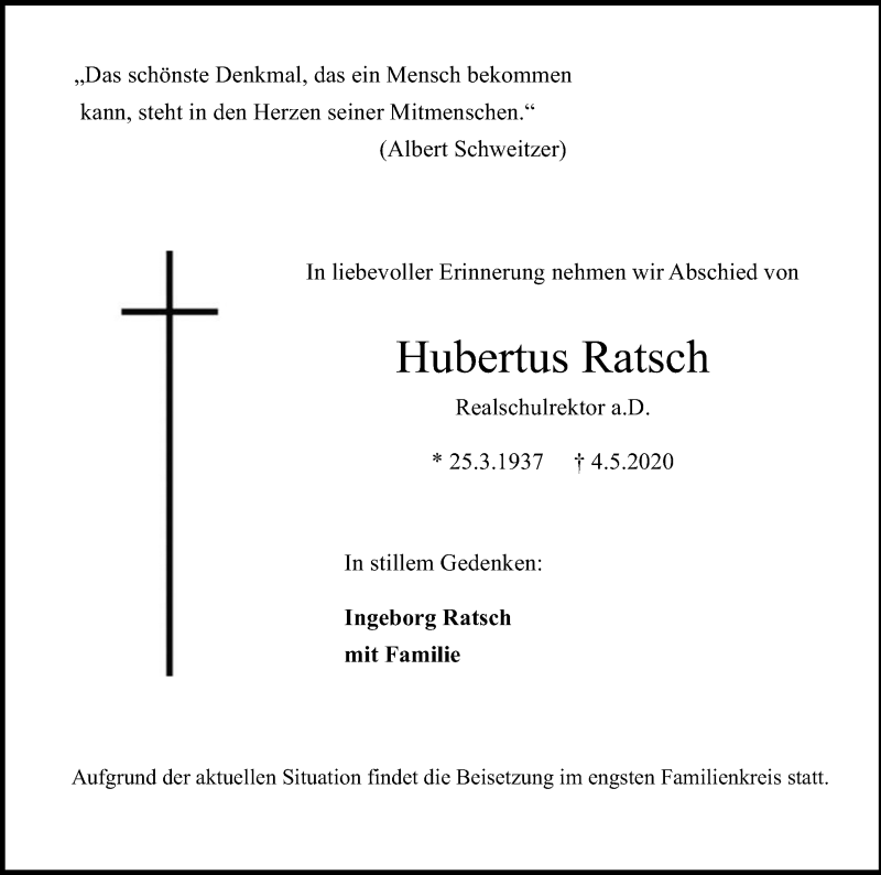  Traueranzeige für Hubertus Ratsch vom 16.05.2020 aus Kölner Stadt-Anzeiger / Kölnische Rundschau / Express