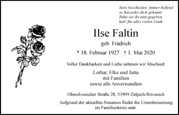 Anzeige von Ilse Faltin von  Blickpunkt Euskirchen 