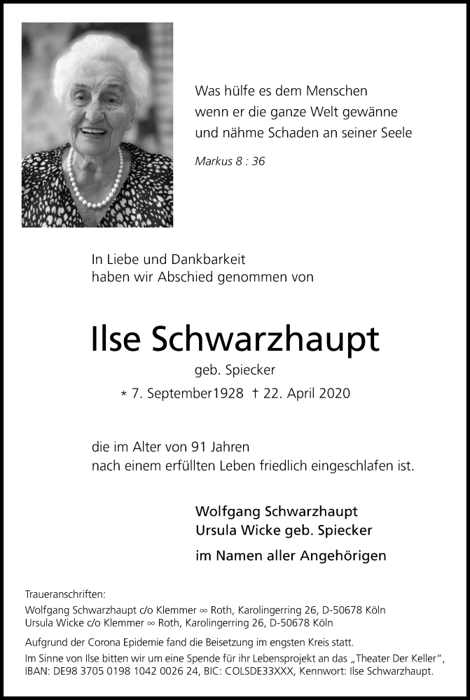  Traueranzeige für Ilse Schwarzhaupt vom 09.05.2020 aus Kölner Stadt-Anzeiger / Kölnische Rundschau / Express