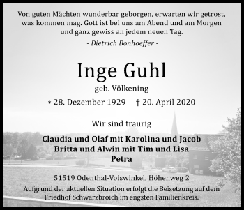 Anzeige von Inge Guhl von Kölner Stadt-Anzeiger / Kölnische Rundschau / Express