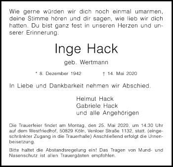 Anzeige von Inge Hack von Kölner Stadt-Anzeiger / Kölnische Rundschau / Express