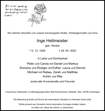 Anzeige von Inge Hellmeister von Kölner Stadt-Anzeiger / Kölnische Rundschau / Express