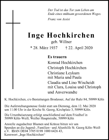 Anzeige von Inge Hochkirchen von Kölner Stadt-Anzeiger / Kölnische Rundschau / Express