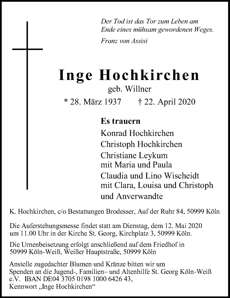  Traueranzeige für Inge Hochkirchen vom 09.05.2020 aus Kölner Stadt-Anzeiger / Kölnische Rundschau / Express