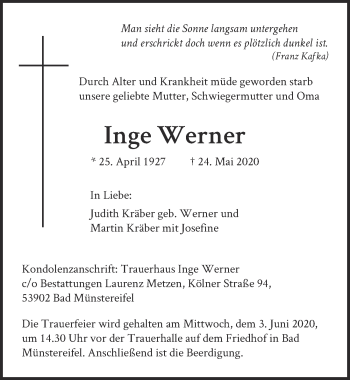 Anzeige von Inge Werner von  Blickpunkt Euskirchen 